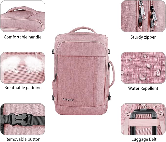 Gieury Carry On Backpack for Women, 50L Travel Backpack Flight Approved, Expandable Backpack For Airplanes, 17 Inch Laptop Backpack, Luggage Suitcase Daypack Lightweight Business Weekender Bag, Pink - Image 3
