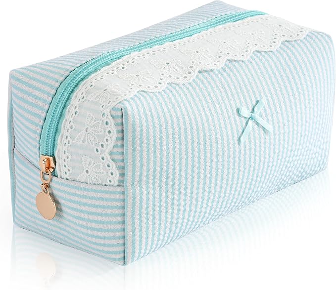 Makeup Bag Travel Toiletry Bag for Women, Small Cosmetic Bags with Lace Trim Cute Green Stripe Aesthetic Organizer Makeup Pouch for Purse Emergency Bag Pencil Case Accessory Bag by Unknown