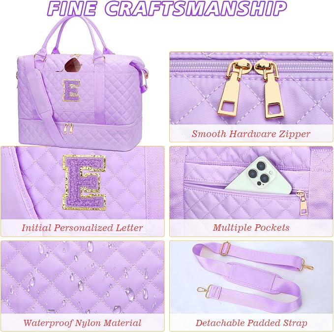 Gifts for Teen Girls Initial Travel Duffle Bag Quilted Weekender Bags Carry-On Overnight with Cosmetic Bag, Gym Bag with Shoe Compartment, Purple-E - Image 8