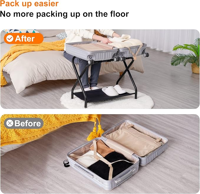 Heybly Luggage Rack for Guest Room, Pack of 2, Steel Folding Suitcase Stand with Storage Shelf for Bedroom, Hotel, Foldable Steel Frame, Guest Room 26.2" L x 14.4" W x 20.5" H, Black HLR004B2 - Image 8