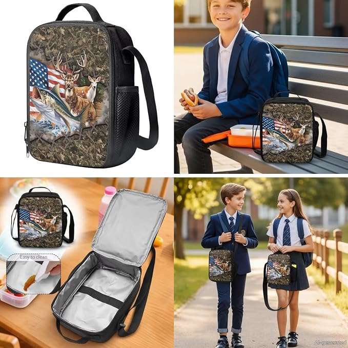 GIFTPUZZ 4 Piece Camouflage Deer Fish American Flag Backpack Set for Kids | Patriotic Bookbag with Lunch Box for Boys Elementary School, Zip up Pencil Case Pouch, Water Bottle Sleeve, Ages 6-8 - Image 4