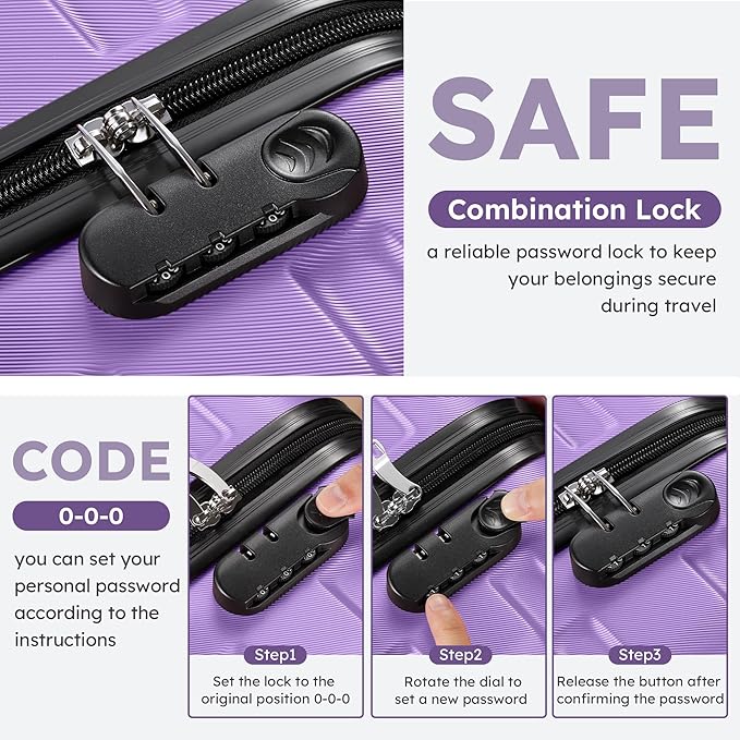 Suitour Luggage Sets 6 Piece, 20-inch Carry-on and 24 inch28 inch Checked Suitcase Set with Cosmetic Case and Expandable Travel Duffle Bags Set(Purple) - Image 3