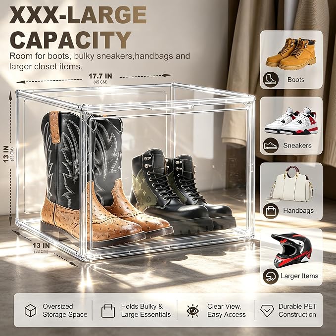 1 Pack Oversized Acrylic Boot Display, Clear Display Box for Boots&Handbags | 17.7 x 13 x 13 in XXX-Large PET box for boots, bulky sneakers, handbags and larger closet items,display closet organization - Image 5