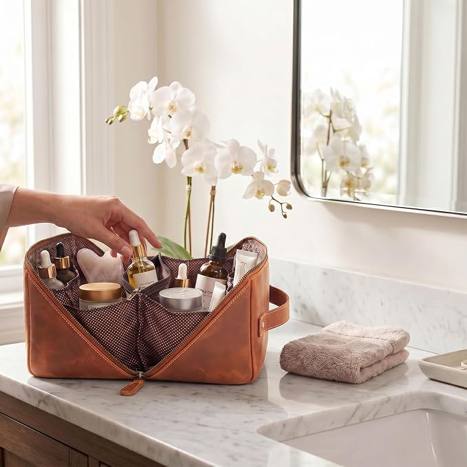 LEATHER VILLAGE Genuine Leather Travel Dopp Kit for Men & Women – Open Flat Large Capacity Cosmetic Bag with Water-Resistant Lining – Skin Care, Brushes, Shaving & Bathroom Essentials Organizer- Tan - Image 7