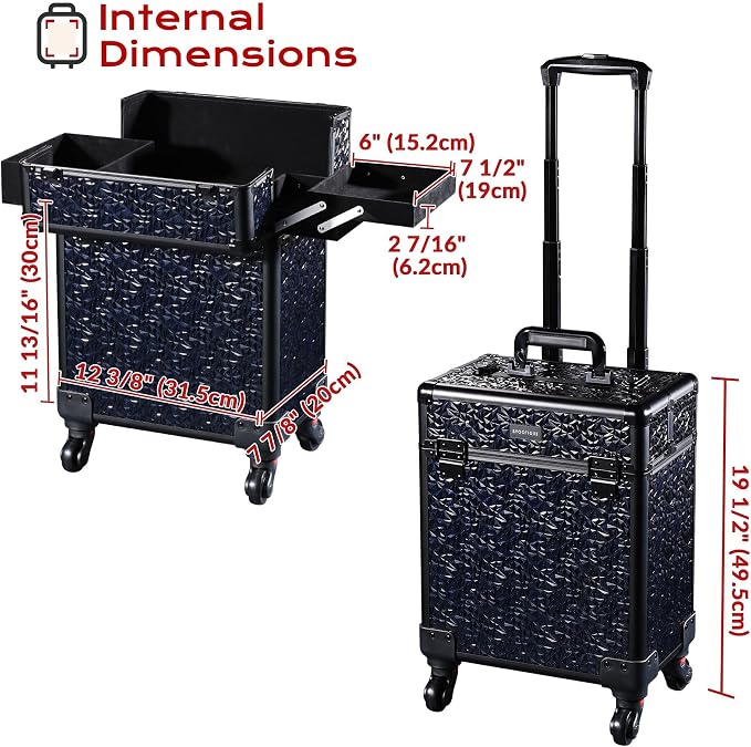 BYOOTIQUE Rolling Makeup Case Cosmetology case on wheels Makeup Artist Nail | Aluminum Rolling Makeup Suitcase with 360° Detachable Wheel Lockable 44Lb Large Capacity Organizer Nail Tech Mermaid Black - Image 6