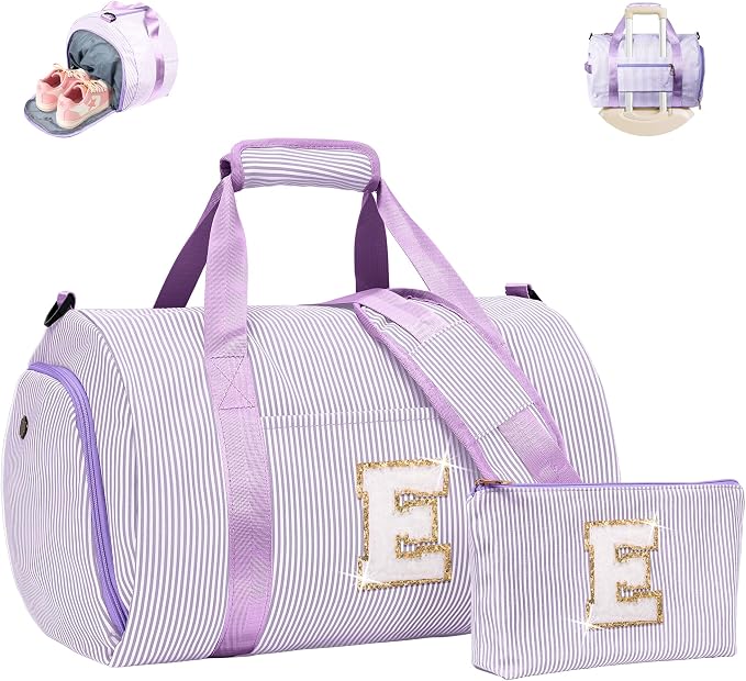 9 Year Old Girl Birthday Gift, Girls Travel Duffle Bag, Kids Overnight Duffel Bags with Shoe Compartment, Personalized Dance Bag with Cosmetic Pouch, Teenager Girl Gift Ideas (Letter E) by Vogewood