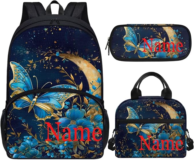 Custom Butterfly Backpack for Girls Personalized 3Pcs Kids School Bag Set Floral Bookbag with Lunch Bag and Pencil Box Daypack Elementary Students Knapsack for Teens Girls by Vanideaoty
