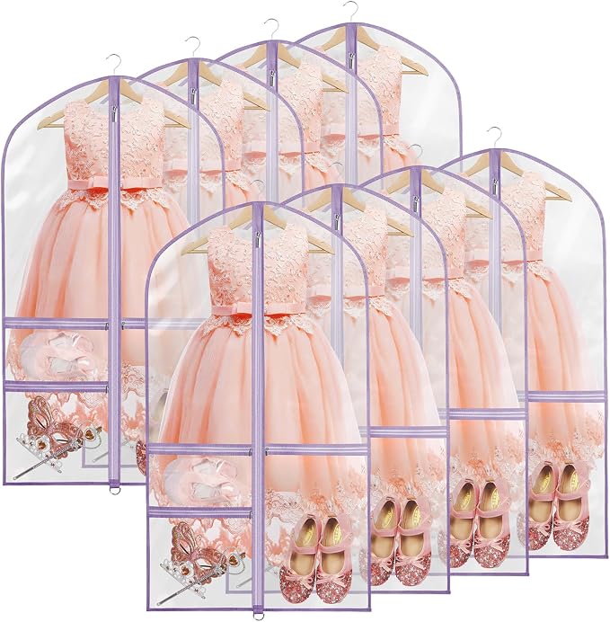 Zilink Clear Garment Bags for Dance Costumes 40" Dance Garment Bag for Hanging Clothes Kids Travel Garment Bag for Dance Competitions with 3 Clear Zipper Pockets，Set of 8(Clear/Purple) by Zilink