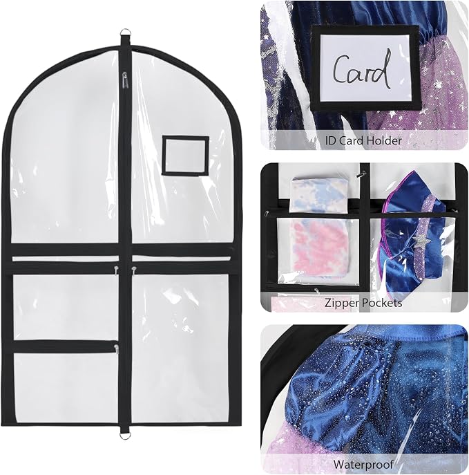 Univivi Clear PVC Dance Costume Bags, 35 Inch Garment Bag for Dance Competitions, with 3 Seperated Medium Clear Zipper Pockets and 1 Large Back Zippered Pocket (Black) - Image 5
