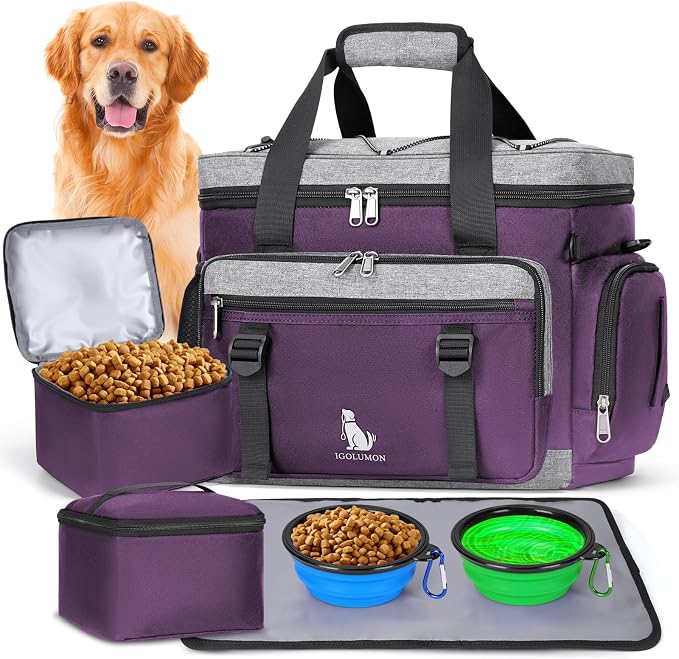 IGOLUMON Dog Travel Bag Large Pet Travel Bags Set for Supplies Weekend Travel Kit Tote Organizer Multi-Pockets Dog Food Travel Bag with 2 Large Food Containers, 2 Dog Bowls, 1 Feeding Mat, Purple by IGOLUMON