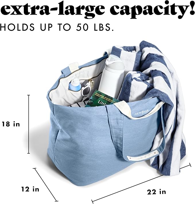 Fit & Fresh XL Beach Tote Bag for Women – XL Travel Tote with Zipper & Pockets, Oversized Canvas Pool Bag, Weekender Carry-On - Image 3