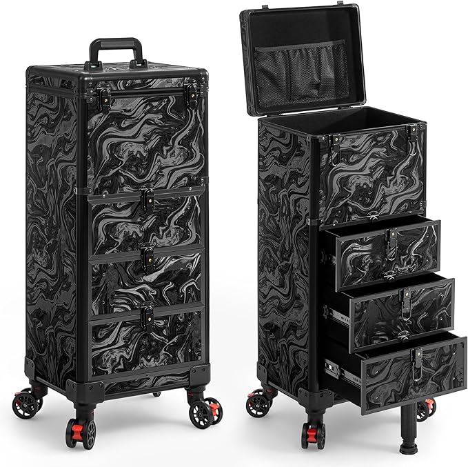 Rolling Makeup Train Case with 3 Drawers, Nail Trolley Cart Salon Station Cosmetology Case on Wheels Organizer Cases for Nail Tech,SPA,Face Painting,Hairstylist,Makeup Artist (Ink Black) by Unknown