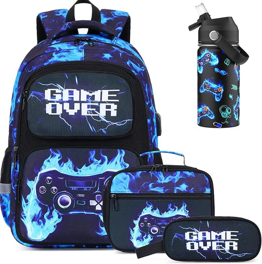Bevalsa Kids Backpack for Boys with 14oz Insulated Bottle, Gamer Backpack School Bags for Kids & BPA-FREE Stainless Steel Metal Bottle with Straw Lid for Elementary Middle School Student (Blue Flame) by Bevalsa