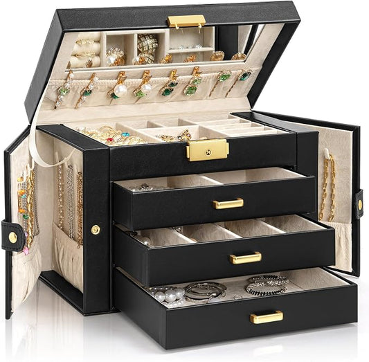 AKOZLIN Large 4-Tier Jewelry Box Leather Jewelry Storage Organizer with 3 Drawers Lockable for Women Girls Ring Necklace Earring Bracelet Watches Holder with Mirror Black by AKOZLIN