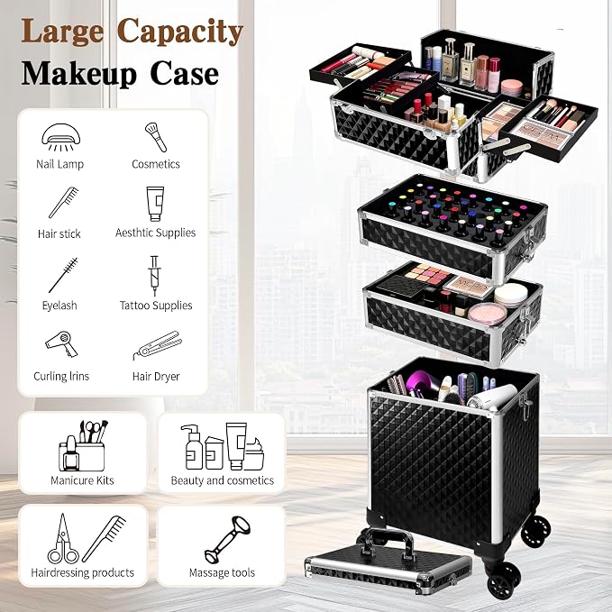 5 in 1 Rolling Makeup Train Case Professional Cosmetic Trolley Large Storage Organizer on Wheels for Hairstylist Artist Nail Beauty Salon Barber Black - Image 2