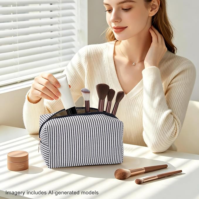 Makeup Bag Set for Women, 6PCS Travel Cosmetic Bags Pencil Case, Striped Seersucker Toiletry Organizer Pouches, Cute Makeup Pouch for Purse, Accessories and Gifts, Navy - Image 5