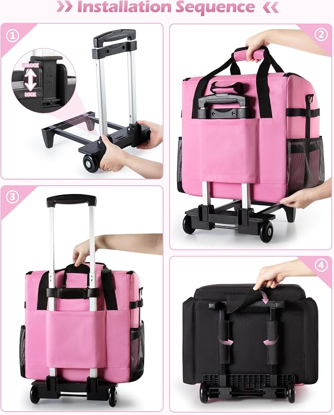 Marscamd Large Rolling Cleaning Caddy Bag with Detachable Trolley, Cleaning Supplies Organizer with Wheels for Housekeepers, Pink - Image 3
