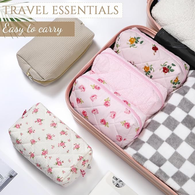 Paterr 10 Pcs Quilted Makeup Bag Bulk Cotton Floral Cosmetic Bag Women Girls Bridesmaid Gifts Cute Makeup Pouch Coquette Aesthetic Travel Toiletry Organizer(Beige Floral,7.87 x 4.72 x 3.15 Inches) - Image 5