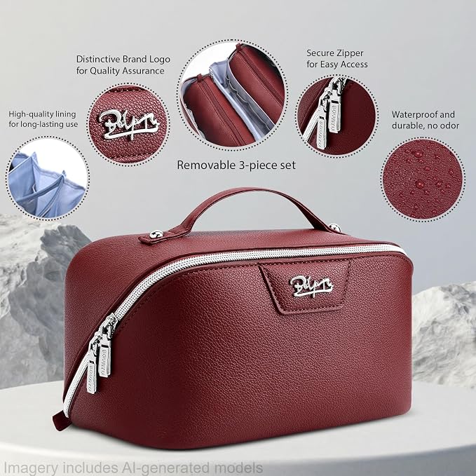 BOYATU Travel Makeup Bag Cosmetic Bags for Women: Large Capacity 3 Pcs Set Make up Bag with Compartments - Waterproof Vegan Leather Toiletry Organizer Bags with Handle (L29Red) - Image 2