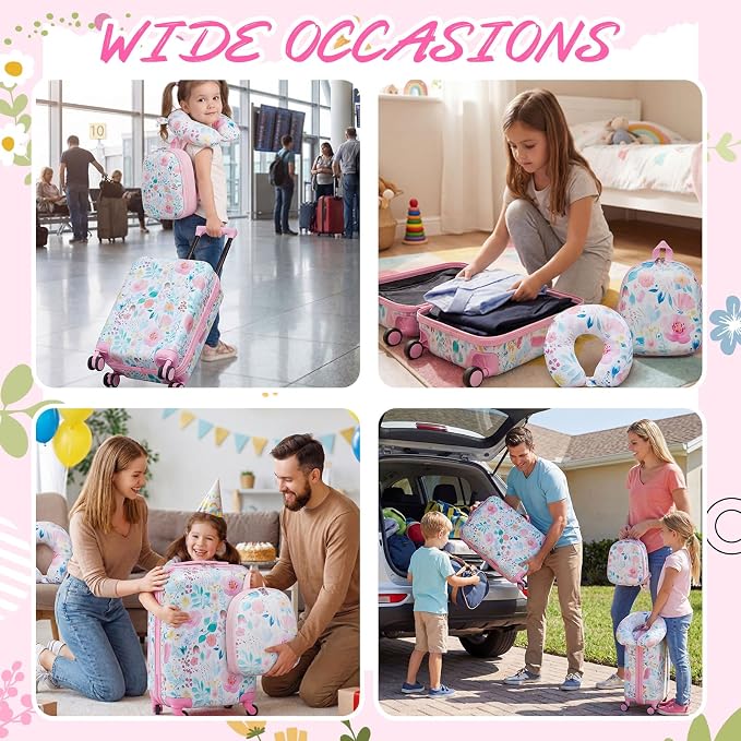Sanwuta 4 Pcs Kids Luggage Set Back to School Gifts for Girls Boys Carry On Rolling Suitcase Backpack Neck Pillow Travel Set(18 Inch,Flower Style,Pink Green) - Image 6