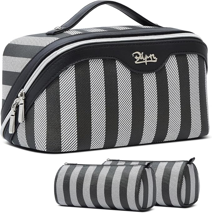 BOYATU Travel Makeup Bag Cosmetic Bag for Women: 3 Pcs Set Striped Make up Bag with Compartments - Waterproof Vegan Leather Toiletry Bag with Handle - Makeup Organizer for Travel Essentials(A-4-Black) by BOYATU