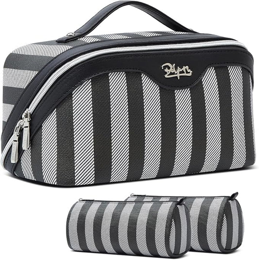 BOYATU Travel Makeup Bag Cosmetic Bag for Women: 3 Pcs Set Striped Make up Bag with Compartments - Waterproof Vegan Leather Toiletry Bag with Handle - Makeup Organizer for Travel Essentials(A-4-Black) by BOYATU