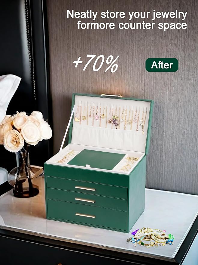 BOOVO Jewelry Boxes for Women, White and Black 6 Layer Large Jewelry Box for Necklace, Bracelet, Earrings, Rings Storage, Jewelry holder Organizer for Girls Gift (Green, 5 Layer) - Image 6