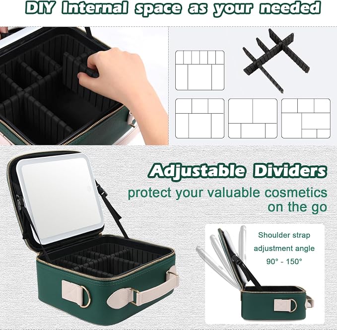 Travel Makeup Bag with Light Up Mirror, Portable Makeup Bag with Led Light Women Waterproof Makeup Travel Case adjustable dividers Rechargeable Vanity Mirror with 3 Color Lights (Green) - Image 3