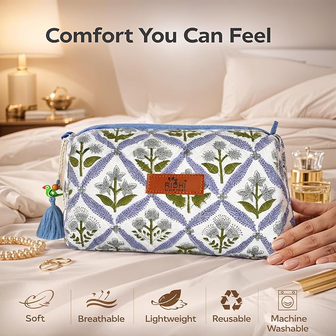 Ridhi Light Steel Blue Hand Block Printed Floral Toiletry Bag For Women 100% Cotton Quilted Set of 3 Waterproof Inner Lining, Cosmetic Jewelry Organizer, Travel Pouch, Essential Storage Purse Gifts - Image 8