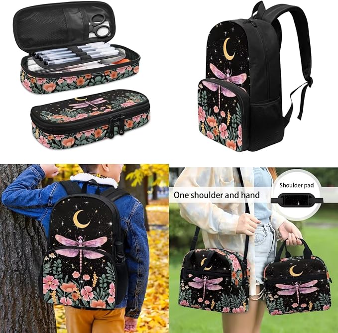 4 Pack Kids Backpack Moon And Stars Dragonfly Backpack for Girls，with Insulated Lunch Box Pencil Case Water Bottle Holder Bag Lightweight Casual Daypack for Preschool,Elementary，Middle - Image 4
