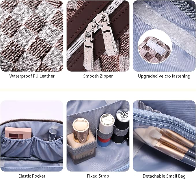 BOYATU Travel Makeup Bag for Women: Large Cosmetic Bag Set of 3 - PU Leather Make up Bag with Compartments - Compact Waterproof Toiletry Bag with Divider & Handle (D-3-Brown) - Image 4