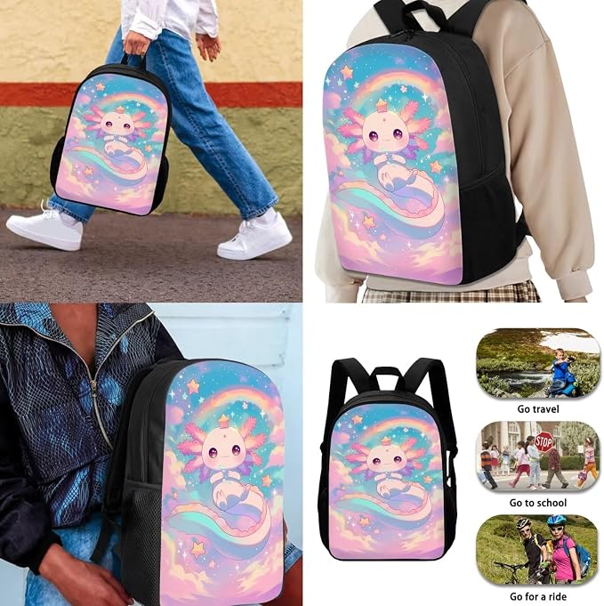 Cute Axolotl Backpack for School Girls 2nd Grade with Lunch Box Rainbow Elementary Bookbag Lunch Bag Set Neon Back Pack Lunchbox Pencil Case Watter Bottle Holder Back Pack for Kids 6-8/5-7 - Image 3