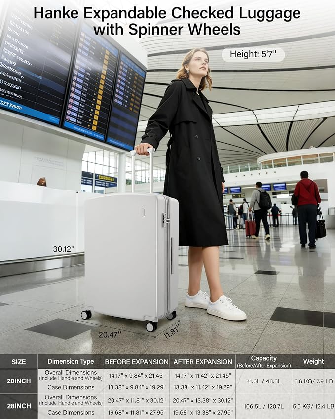 Hanke Expandable Luggage Sets 2 Piece, 20 Inch and 28 Inch Luggage Sets with Spinner Wheels, Durable PC Hard Shell Rolling Suitcase with TSA Lock for Travel (20/28 Inch, Smoke White) - Image 2