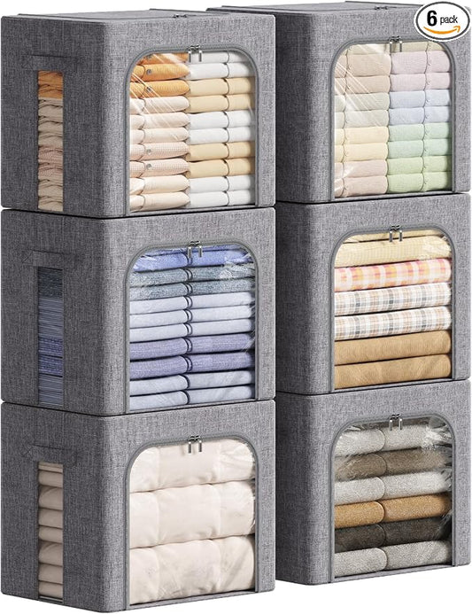 Lifewit Clothes Storage Bins with Metal Frame, Stackable Storage Box, Foldable Clothing Storage Bins with Lids, 40L Storage Bags Fabric Box Organizer with Clear Window＆ Zippers＆ Sturdy Handles 6 Pack by Lifewit