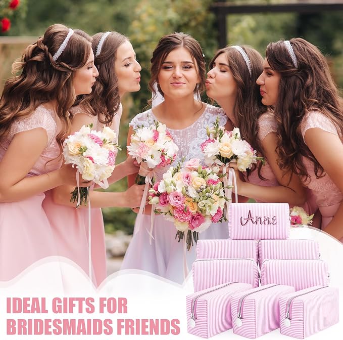 Giesiery 8 Pcs Seersucker Makeup Bags Striped Cosmetic Bags Bulk Organizer for Women Preppy Travel Toiletry Pouch for Wedding Bridesmaid Gifts (Light Pink, Medium) - Image 5