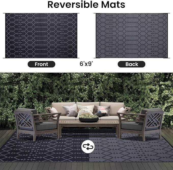 Smiry Outdoor Rug 6x9 ft, Waterproof Reversible Plastic Straw Rugs, Boho Outdoor Area Rug, Outside Floor Mat for Patio, Backyard, Deck, Picnic, Beach, Camping, Dark Grey - Image 3