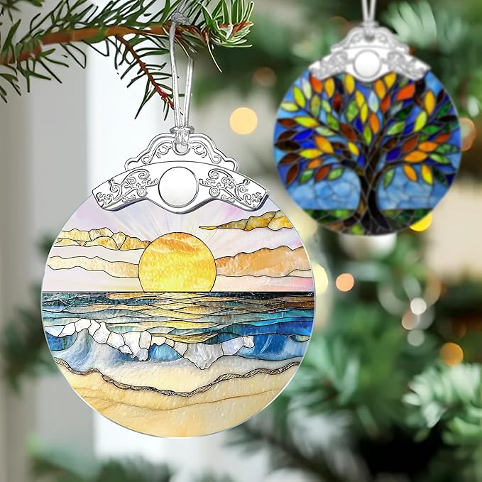 Beach Sunset Stained Glass Ornament, Christmas Ornament – Christmas Tree Decor, Holiday Decoration, Stocking Stuffer, Festive Gift Idea, Gifts for Ocean Lover, Nature Lover, Friend, and Family