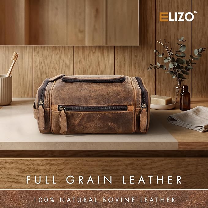 ELIZO Real Leather Toiletry Bag for Men - Large Hanging Travel Organizer for Toiletries, Ideal for Dopp Kit & Shaving Kit for Men, Essential Mens Travel Toiletry Bag for Toiletries (Grizzly) - Image 4