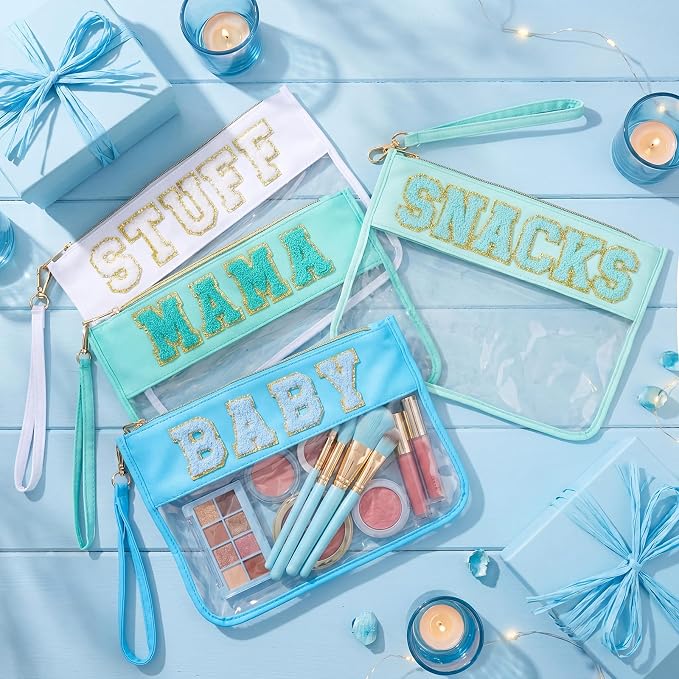 4 Pcs Mama Baby Snacks Stuff Clear Pouch Set, Chenille Letter Diaper Bag Organizer Pouches, Transparent Travel Toiletry Makeup Bags for New Mom Baby Shower - Image 5