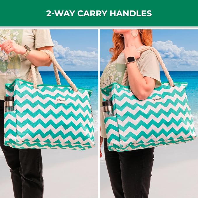 Beach Bag and Pool Bag Has Cooler Pocket, 7 Pockets Total, Zip Top. Family Size Waterproof Beach Tote - Image 8