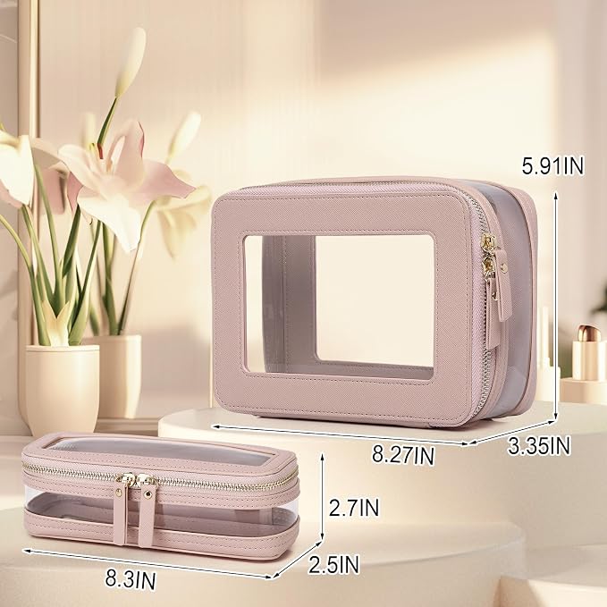 Pinkmik Clear Makeup Bag with Brush Case Travel Toiletry Bag Waterproof Cosmetic Organizer Car Essentials for Women (Pink, M+SLIM-1) - Image 4