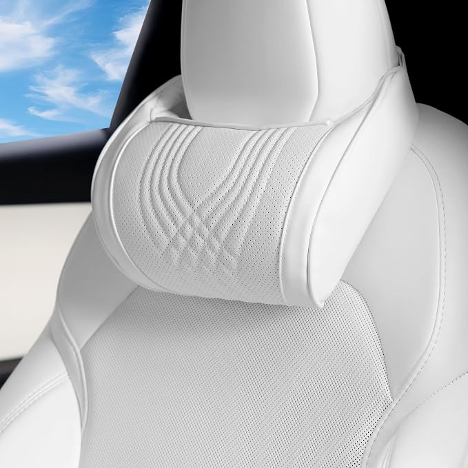 Car Headrest Memory Foam Neck Pillow for Driving White, 1 Pack | Soft Comfortable Leather Seat Head Rest Pillow Headrest Travel Neck Support Cushion for Most Cars SUV Home Office Chair by Dapucarin