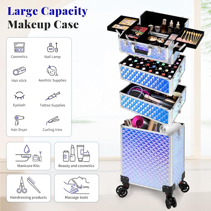 AROUS Rolling Makeup Train Case 4 in 1 Cosmetology Case on Wheels Large Storage Cosmetic Trolley with Key Salon Barber Case Traveling Cart Trunk, Colorful - Image 4