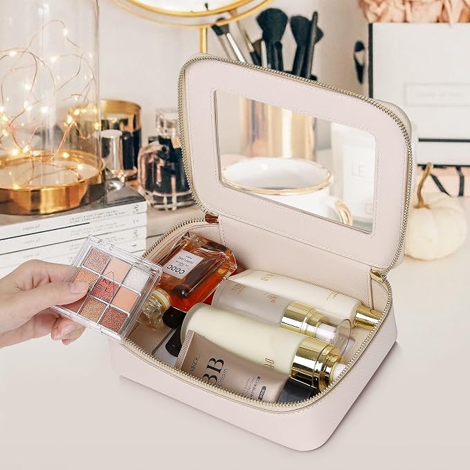 Clear Makeup Bag Women's Waterproof Travel Cosmetic Case and Toiletry Bag Portable Makeup Organizer Bag Car Essential with Zipper (Beige, M) - Image 2