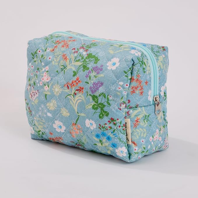 Wildflower Floral Quilted Cotton Cosmetic Zipper Pouch, Large Capacity Makeup Accessories Storage Bag for Women Girls, Aesthetic Coquette Travel Toiletry Organizer (Set of 3) - Image 3