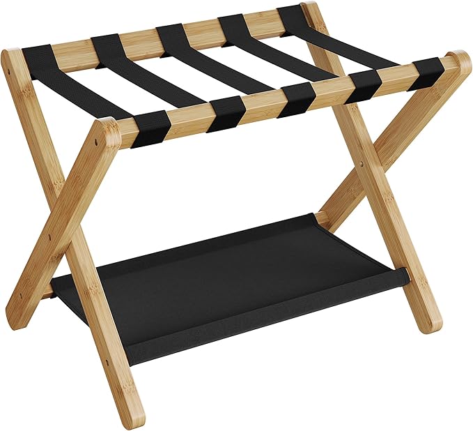 SONGMICS Luggage Rack, Bamboo Luggage Rack for Guest Room, Folding Suitcase Stand, for Hotel, Bedroom, Heavy-Duty, Holds up to 131 lb, Natural Beige URLR007N01 by Unknown