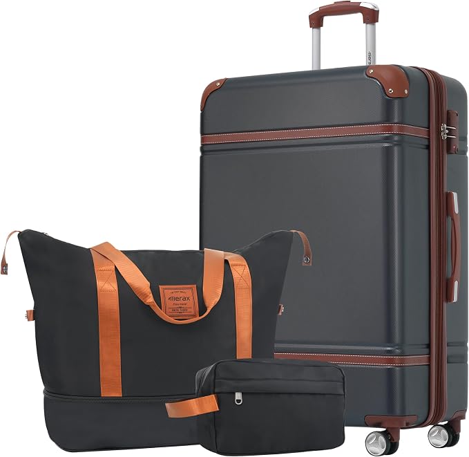 Merax Suitcase Set 28 inches Expandable Luggage with TSA Lock Spinner Wheels Hardshell Lightweight Vintage Luggage with Travel Bag,Black by Merax