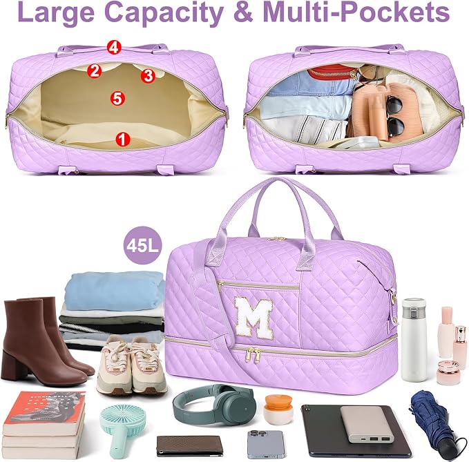 Graduation Birthday Gift for Her, Personalized Initial Weekender Bag for Women 45L Travel Duffle Carry On Quilted, 3PCS Overnight with Cosmetic & Toiletry Bag, Shoe Compartment, Gym Dance Bag for Girl - Image 3