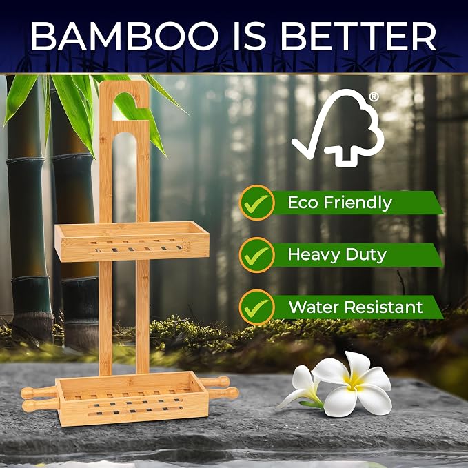 SereneLife Bamboo Hanging Shower Caddy with 2 Tiers, Anti-Slip Design for Bathroom Essentials, Self-Draining Shelves for Easy Organization - Image 6
