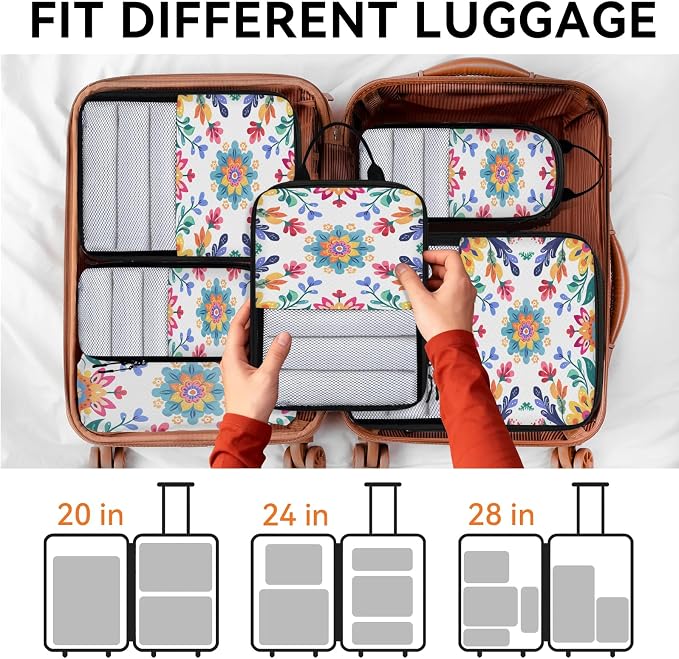 Cute Floral Colorful Compressible Packing Cubes for Suitcase 6 Set Lightweight Expandable Compression Packing Travel Luggage Organizer - Image 7